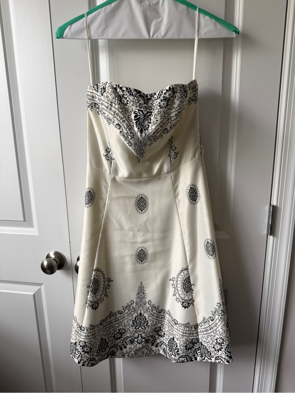 White House Black Market Ivory Strapless Dress with Black Paisley Print